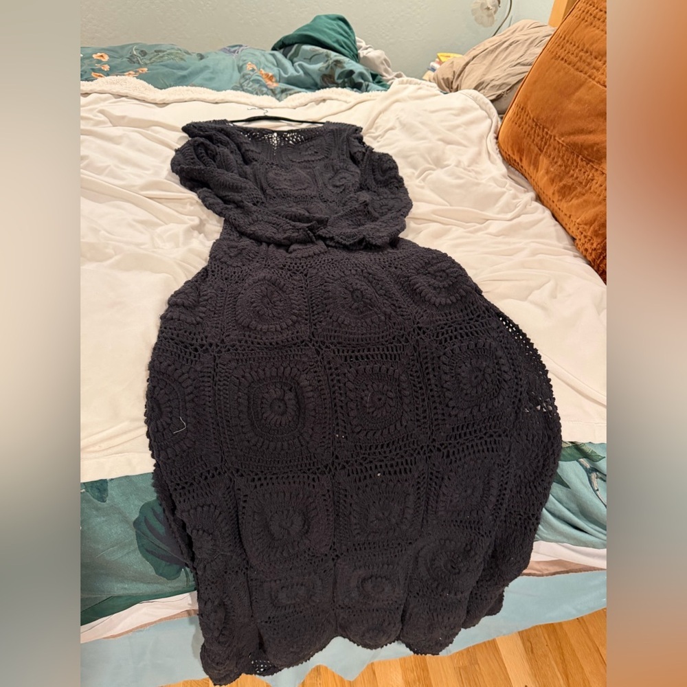 Anthropologie Bohemian Black Crochet Knit Long-Sleeve Midi Dress Large - Picture 6 of 12